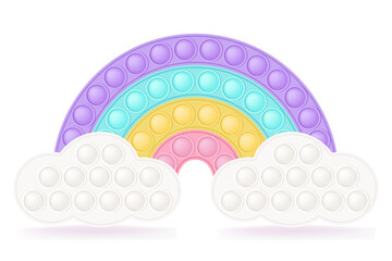 Popit rainbow on the clouds as a fashionable silicon fidget toys. Addictive antistress toy for fidget in pastel colors. Bubble sensory popit for kids fingers. Vector illustration isolated.