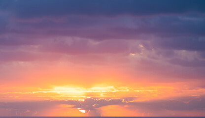 Natural background, stunning view of a dramatic, cloudy sunrise. Romantic sky, copy space, sky replacement, Sardinia, Italy.