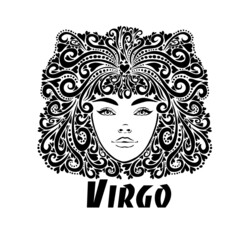 The stylized face of a beautiful girl full-face. T-shirt printing Virgo. Vector illustration