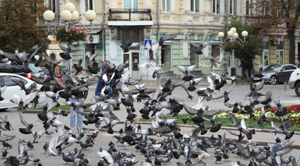 Man and  woman feed city pigeons. People among flock of flying birds on city street.