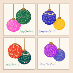 Set of Christmas cards with decorations for the New Year tree made of brightly colored glass balls. Vector greeting template