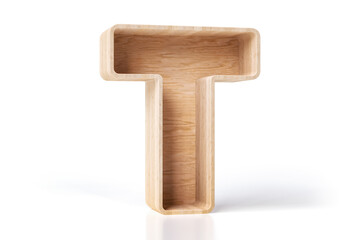 Hollow wood font 3D letter T made of warm natural pine planks. Box design style nice to display books, decorative items or products for sale. High quality 3D rendering.