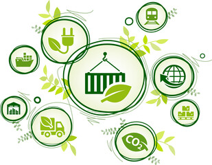 green / sustainable supply chain management vector illustration. Concept with icons related to environmentally friendly logistics or scm, carbon neutral shipping, scs / gscm, eco distribution.