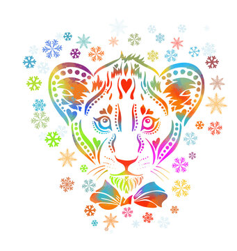 A multicolored lion cub. The face of the lion is a rainbow abstract. Vector illustration