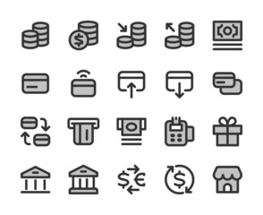 Collection of bicolor pixel-perfect linear icons: Finance,  banking and shopping. Set #1.  Built on  base grid 32 x 32 pixels. The initial base line weight is 2 pixels.  Editable strokes