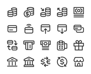 Collection of monochromatic pixel-perfect linear icons: Finance,  banking and shopping. Set #2.  Built on  base grid 32 x32  pixels. The initial base line weight is 2 pixels.  Editable strokes