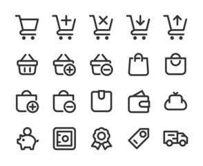 Collection of monochromatic pixel-perfect linear icons: Finance,  banking and shopping. Set #1.  Built on  base grid 32 x 32 pixels. The initial base line weight is 2 pixels.  Editable strokes