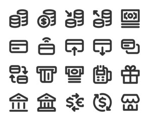 Collection of monochromatic pixel-perfect linear icons: Finance,  banking and shopping. Set #2.  Built on  base grid 24 x 24 pixels. The initial base line weight is 2 pixels.  Editable strokes