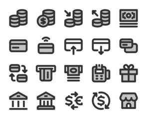 Collection of bicolor pixel-perfect linear icons: Finance,  banking and shopping. Set #2.  Built on  base grid 24 x 24 pixels. The initial base line weight is 2 pixels.  Editable strokes
