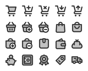 Collection of bicolor pixel-perfect linear icons: Finance,  banking and shopping. Set #1.  Built on  base grid 24 x 24 pixels. The initial base line weight is 2 pixels.  Editable strokes