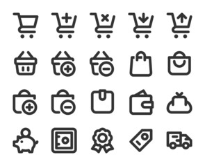 Collection of monochromatic pixel-perfect linear icons: Finance,  banking and shopping. Set #1.  Built on  base grid 24 x 24 pixels. The initial base line weight is 2 pixels.  Editable strokes