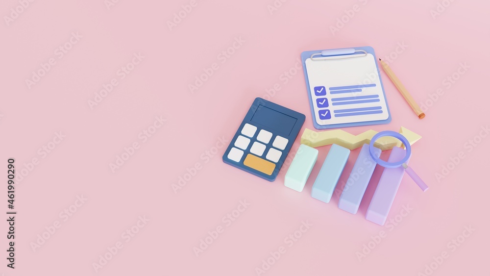 Poster top view 3d calculator stock chart. business target achievement and search concept.3d render illustr