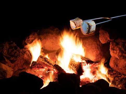 Marshmallows cooking over a small campfire