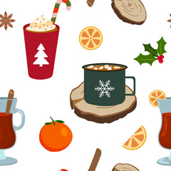 Winter Christmas drink: red coffee cup with cream, a green cocoa mug with marshmallow, glass cup with mulled wine. Vector seamless pattern. Isolated on white background.