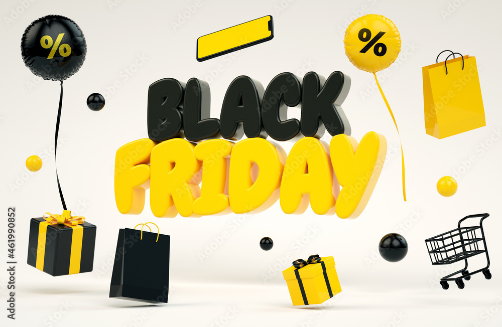 Aufkleber black friday background with yellow lettering and floating stuff in 3d rendering