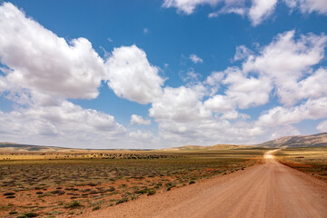 Fototapeta na wymiar A dirt road and gorgeous cloudy sky