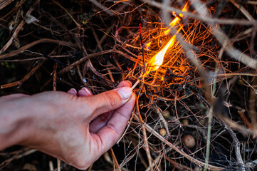 a match in a woman's hand sets fire to dry grass and branches