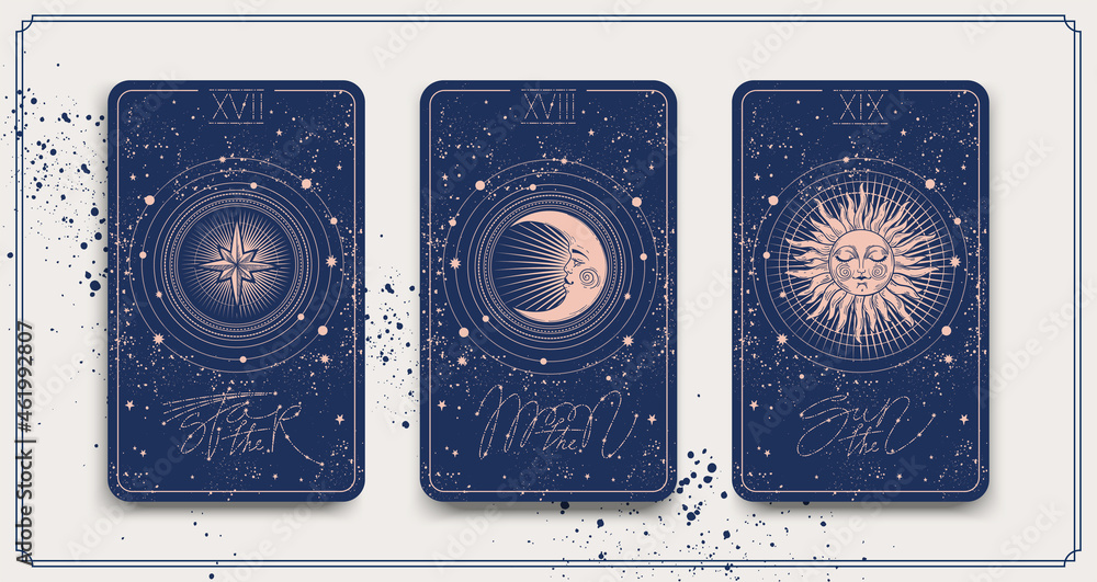 Sticker banner with tarot cards the sun, the star, the moon. mystical frame for astrology, fortune telling, 