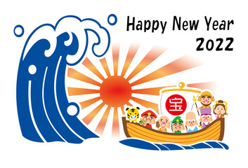 2022　ハッピーニューイヤー　ご来光　七福神の宝船　テンプレート　
