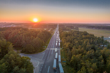 Oreched trucks on the border of Belarus and Poland