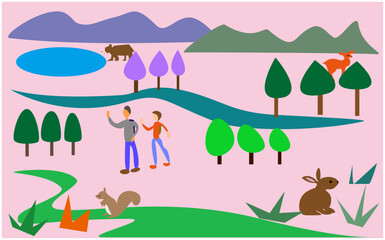 ハイキングを楽しむ男女。山、木、熊、鹿、うさぎ、リス、人物のベクターイラスト。