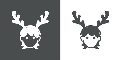 Icono plano con silueta de cara de mujer con diadema de cornamenta de reno en fondo gris y fondo blanco