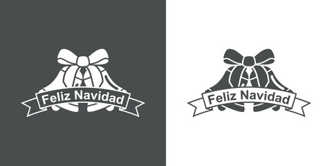 Logotipo con texto Feliz Navidad en español en cinta con campanas de Navidad con lineas en fondo gris y fondo blanco