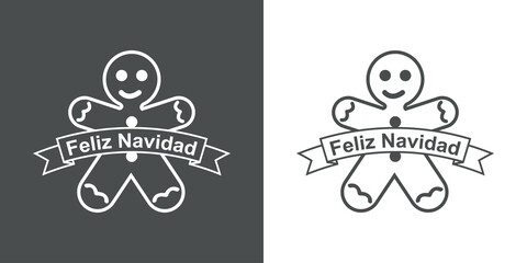 Galleta de navidad. Logotipo con texto Feliz Navidad en español en cinta con hombre de pan de jengibre con lineas en fondo gris y fondo blanco