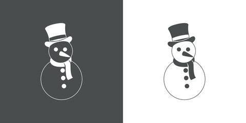 Icono plano silueta de muñeco de nieve con chistera con lineas en fondo gris y fondo blanco