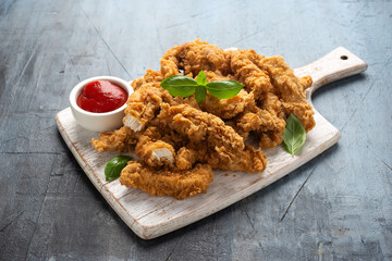 Fried Chicken strips with ketchup on white wooden board. Fast Food