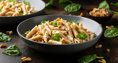 Whole Wheat Penne pasta with gorgonzola cheese sauce, spinach and walnut. Healthy food.