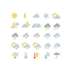 Weather forecast colorful vector icon set. Stormy, sunny, rain, snow icons. Sun and clouds, hot and cold symbols.
