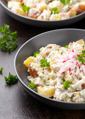 Potato salad with celery, green onion, radish, dill and eggs