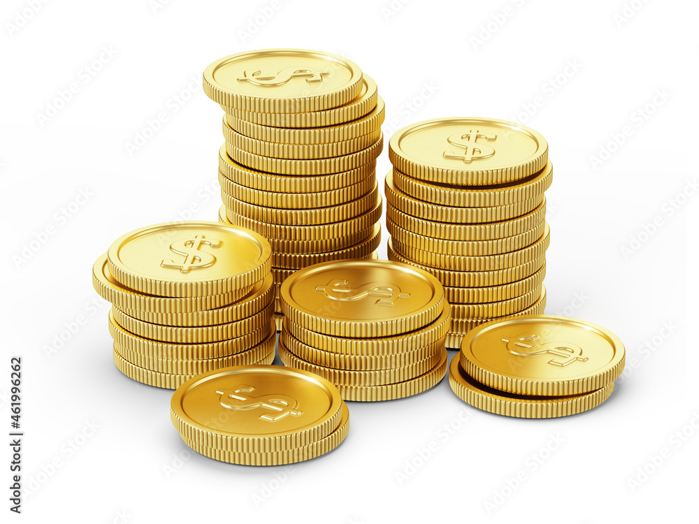 Poster stack of gold coins isolated on white. 3d rendering