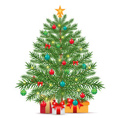 Illustration of pine tree in cartoon style isolated on white background. Design element for poster, banner, card, emblem.