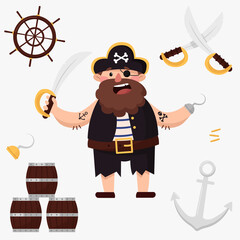 Pirate's set, with doubloons, anchor, hook, barrels and swords, and a cute pirate.