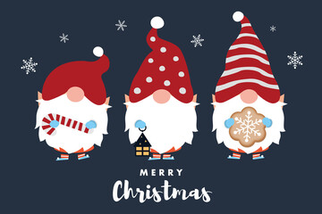 Cute three Santa Claus gnomes holding Christmas decoration - wand, lanthanum, cookie.. Vector illustration.