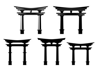 traditional japanese torii gate entrance to shinto shrine - black and white vector outline and silhouette design set