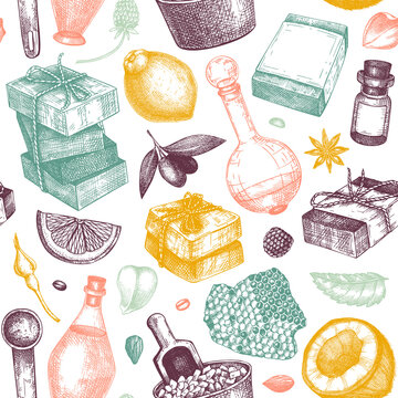 Hand-sketched soap seamless patterns in color. Natural ingredients and aromatic materials background for cosmetics, perfumery, soap. Great for branding, packaging, identity, web banners.