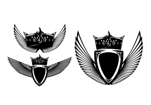 metal shield, king crown and stylized feathered wings spread wide - black and white vector security concept royal heraldic design set