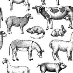 Hand-sketched farm animals background. Cow, lama, donkey, goat, rabbit, sheep, and other vintage animals on white background. Farm seamless pattern for labels, icons, packaging, banners, fabrics