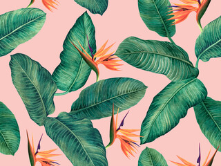 Watercolor painting bird of paradise with green leaves seamless pattern background.Watercolor hand drawn illustration tropical exotic leaf prints for wallpaper,textile Hawaii aloha jungle pattern. - obrazy, fototapety, plakaty
