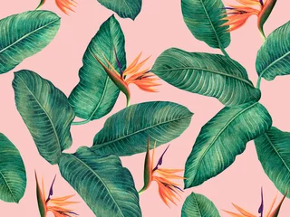  Aquarel schilderij paradijsvogel met groene bladeren naadloze patroon achtergrond. Aquarel hand getekende illustratie tropische exotische blad wordt afgedrukt voor behang, textiel Hawaii aloha jungle patroon. © nongnuch_l