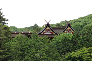 吉備津神社の社殿と山