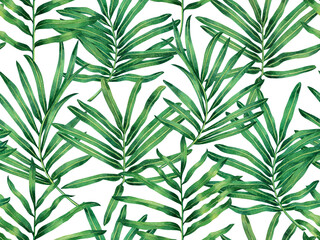 Fototapeta na wymiar Watercolor painting green leaves seamless pattern on white background.Watercolor hand drawn illustration tropical exotic leaf prints for wallpaper,textile Hawaii aloha jungle pattern.