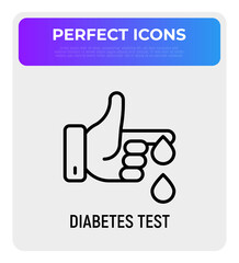 Diabetes test thin line icon, drop of blood from finger. Blood test. Modern vector illustration of laboratory research.