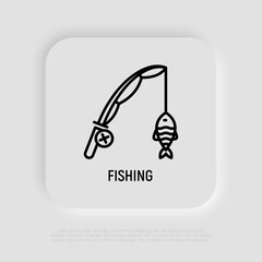 Fishing rod with fish on hook thin line icon. Modern vector illustration.