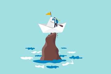 Life or business stuck, struggle with problem or obstacle, error, mistake or failure cause hopeless situation, business difficulty concept, hopeless businessman stuck on shipwrecked on high rock cliff