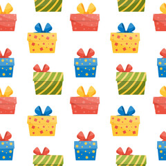 Holidays colorful seamless pattern with box gifts. Vector celebration background in flat style.