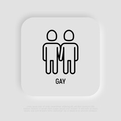 Couple of gays holding hands each other thin line icon in rainbow color. Modern vector illustration.